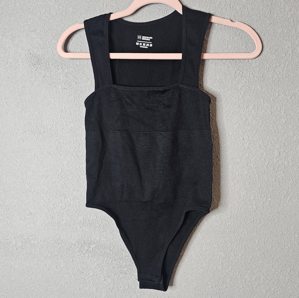 Black Bodysuit Womens XS Ribbed Square Neck Sleeveless Snap Closure Stretchy